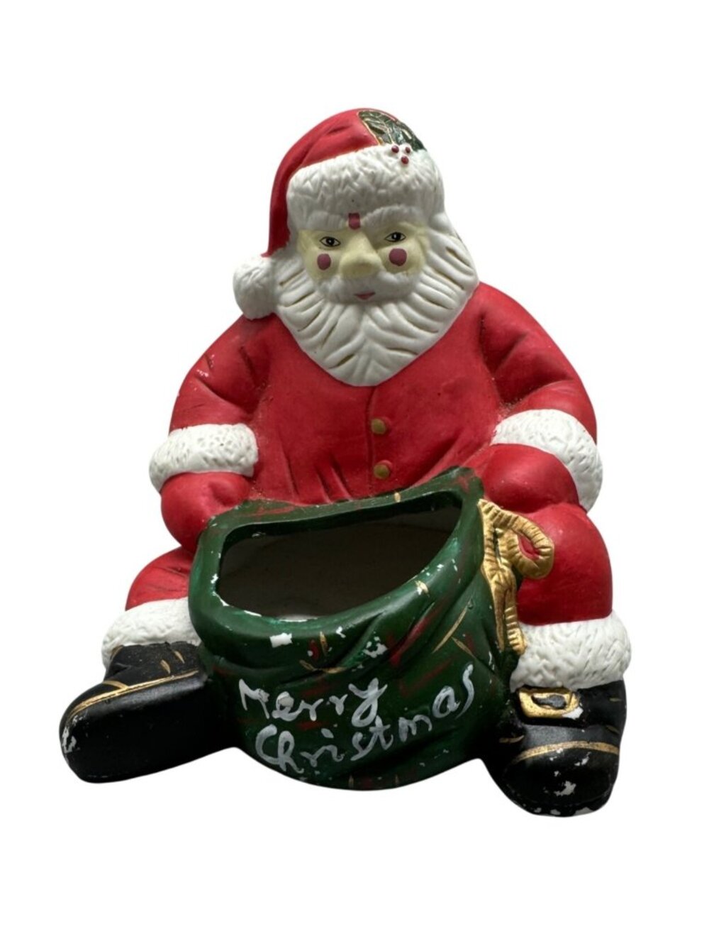 Santa Claus Ceramic Christmas Candy Dish Holder Figurine Bisque Figurine READ